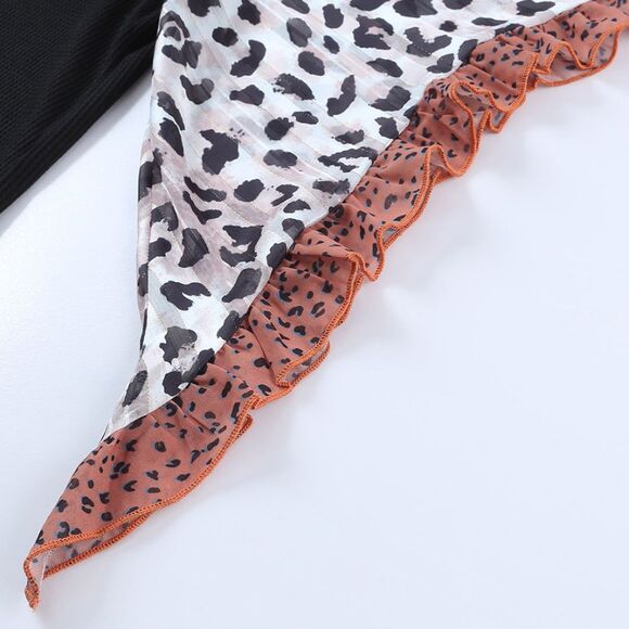 Blouse Women Boutique Colorblock Contrast Panel Flowy Leopard Ruffle Cuff Sleeve - Picture 12 of 16